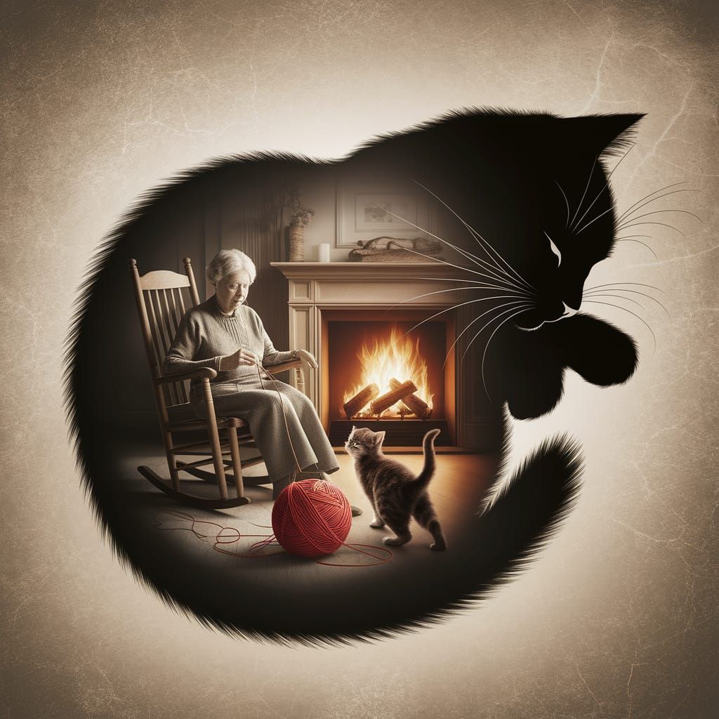 Feline Slumber Double Exposure with Kittens and Fireplace