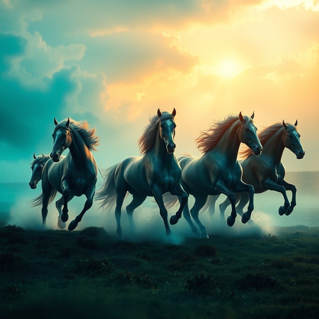 Majestic Horses Gallop in Harmony Across a Vibrant, Enchante...