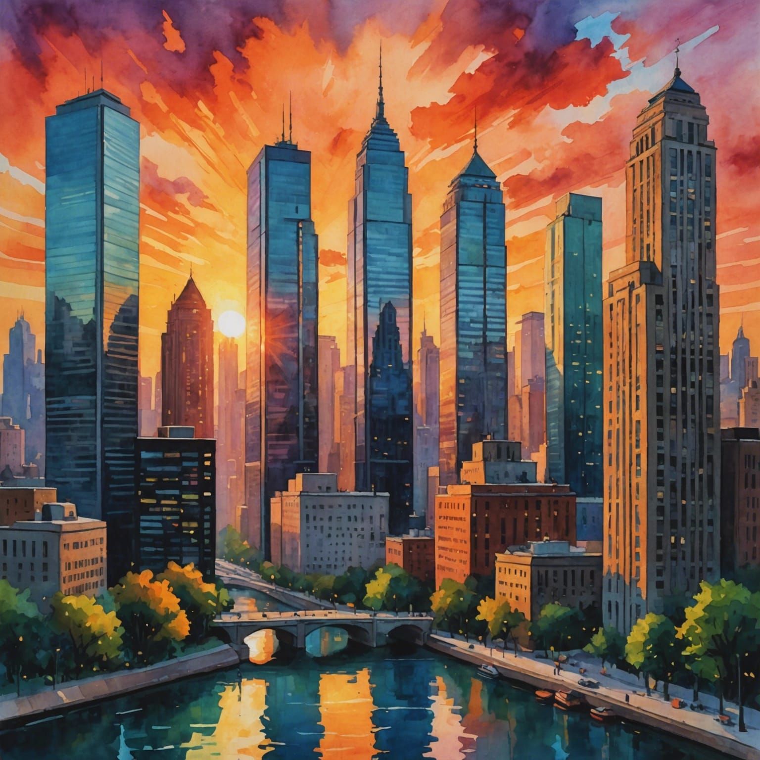 City Sunset in Gouache and Watercolor Style