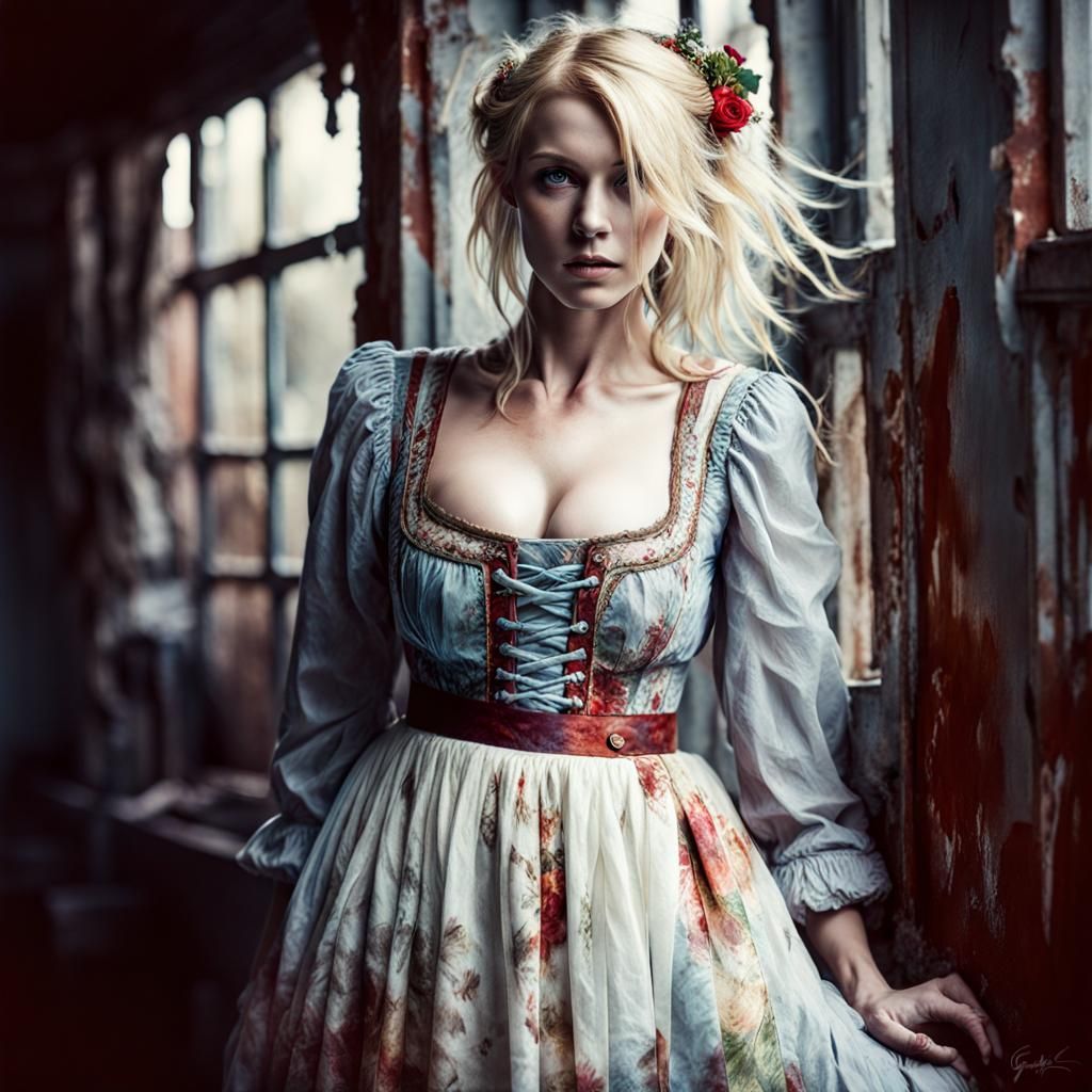 Zombie Bavarian Woman Portrait in Horror Art Style