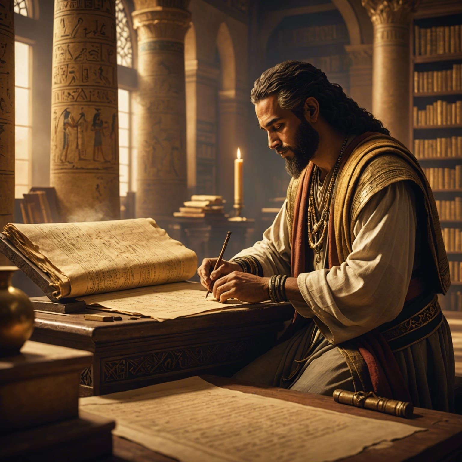 Egyptian Scholar Studying Papyrus in Alexandria Library