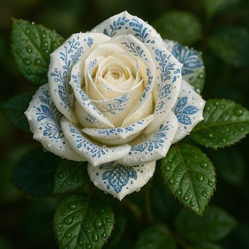 White Rose with Blue Patterns, Photorealistic Image
