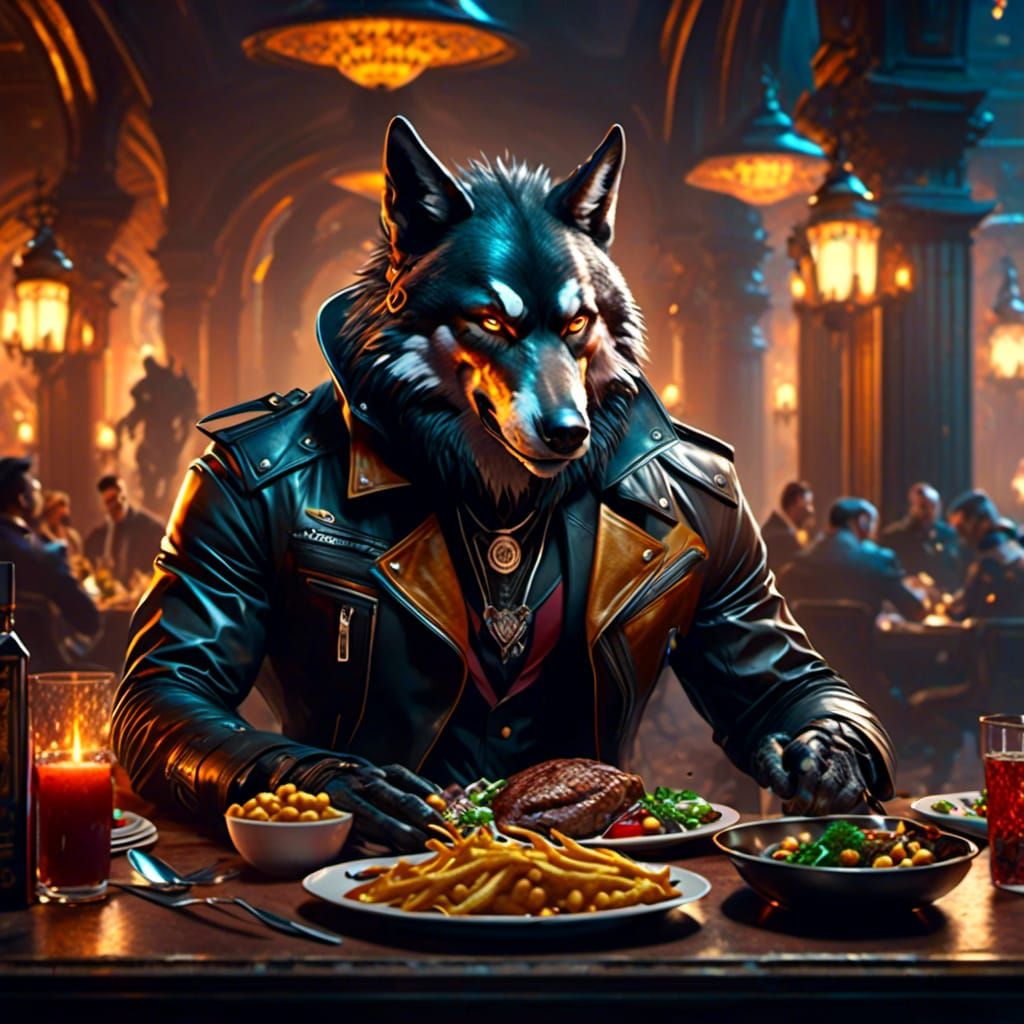 Anthropomorphic Wolf at Dinner, Trending on Artstation