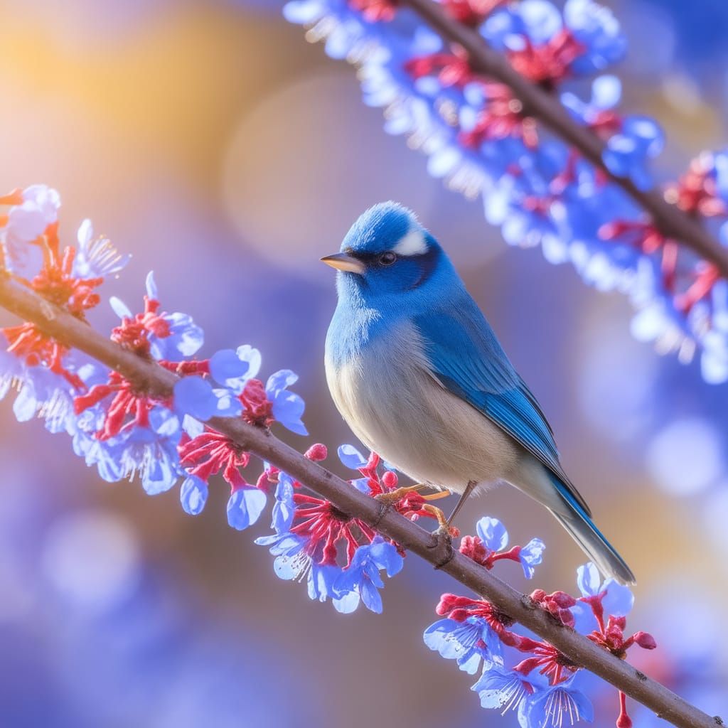 Indigo Bunting Perched Among Blue Blossoms