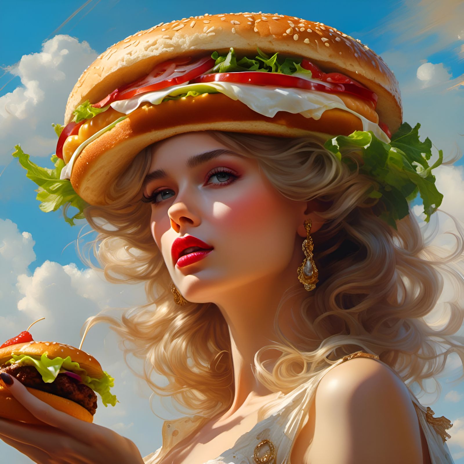 Hyperreal Woman with Hamburger Hat in Rococo Style