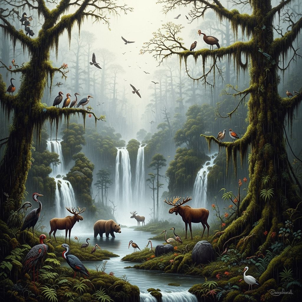 Misty Rainforest Oasis with Wildlife