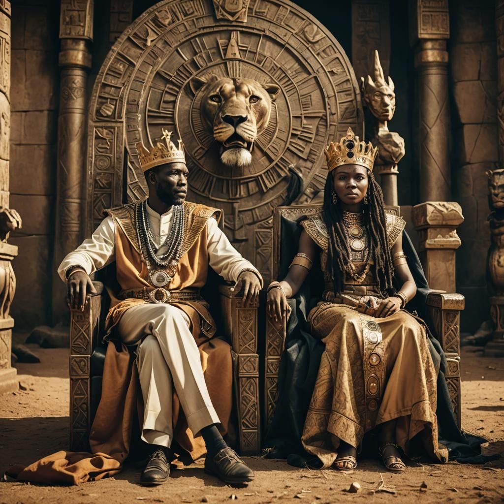 African King and Queen on Thrones: Cinematic Film Still