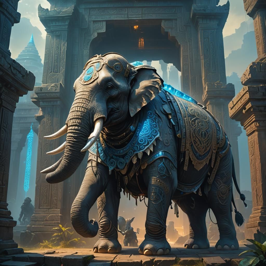 Armored Elephant Before Ancient Temple, Fantasy Art