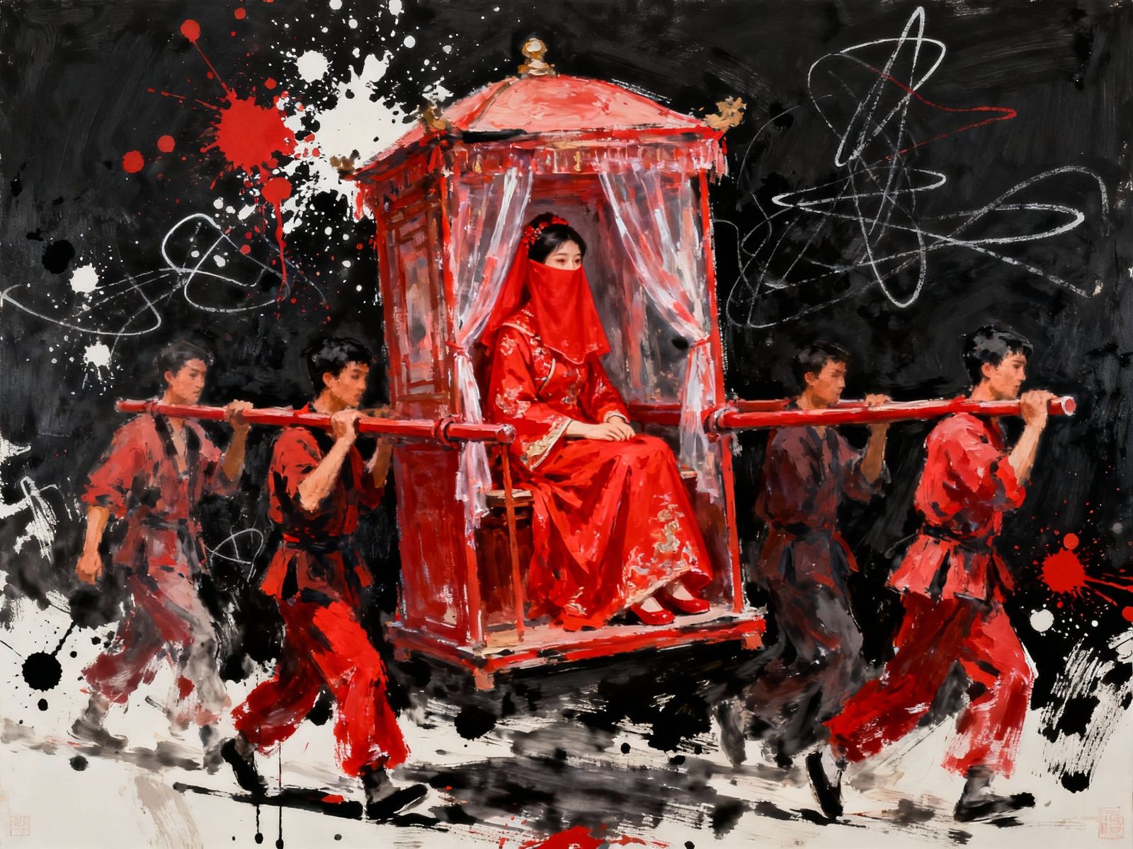 Impressionist Painting of a Bride in Red Chinese Robes