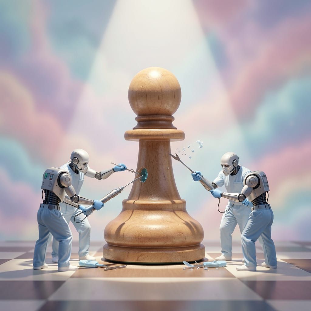 Surreal Dreamscape: Robotic Surgeons Dissect Giant Chess Paw...