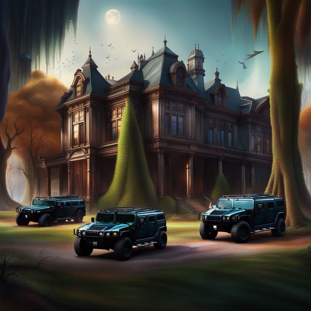 Park with Giant Trees and Hummer Vehicles