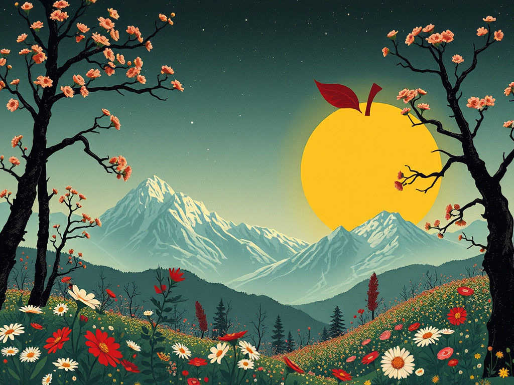 Giant Apple Sun Over Mountain Flower Forest
