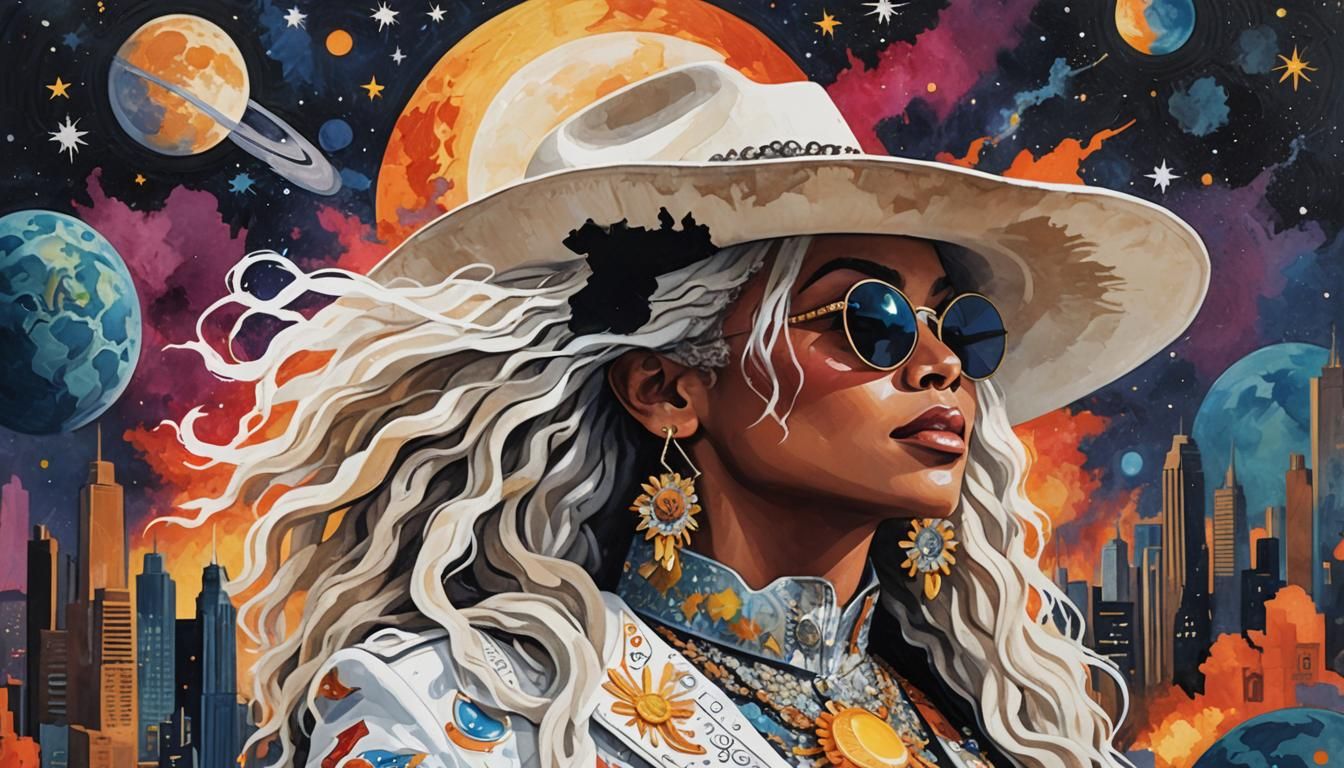 Beyonce in Dystopian Cityscape, Matisse Style Painting