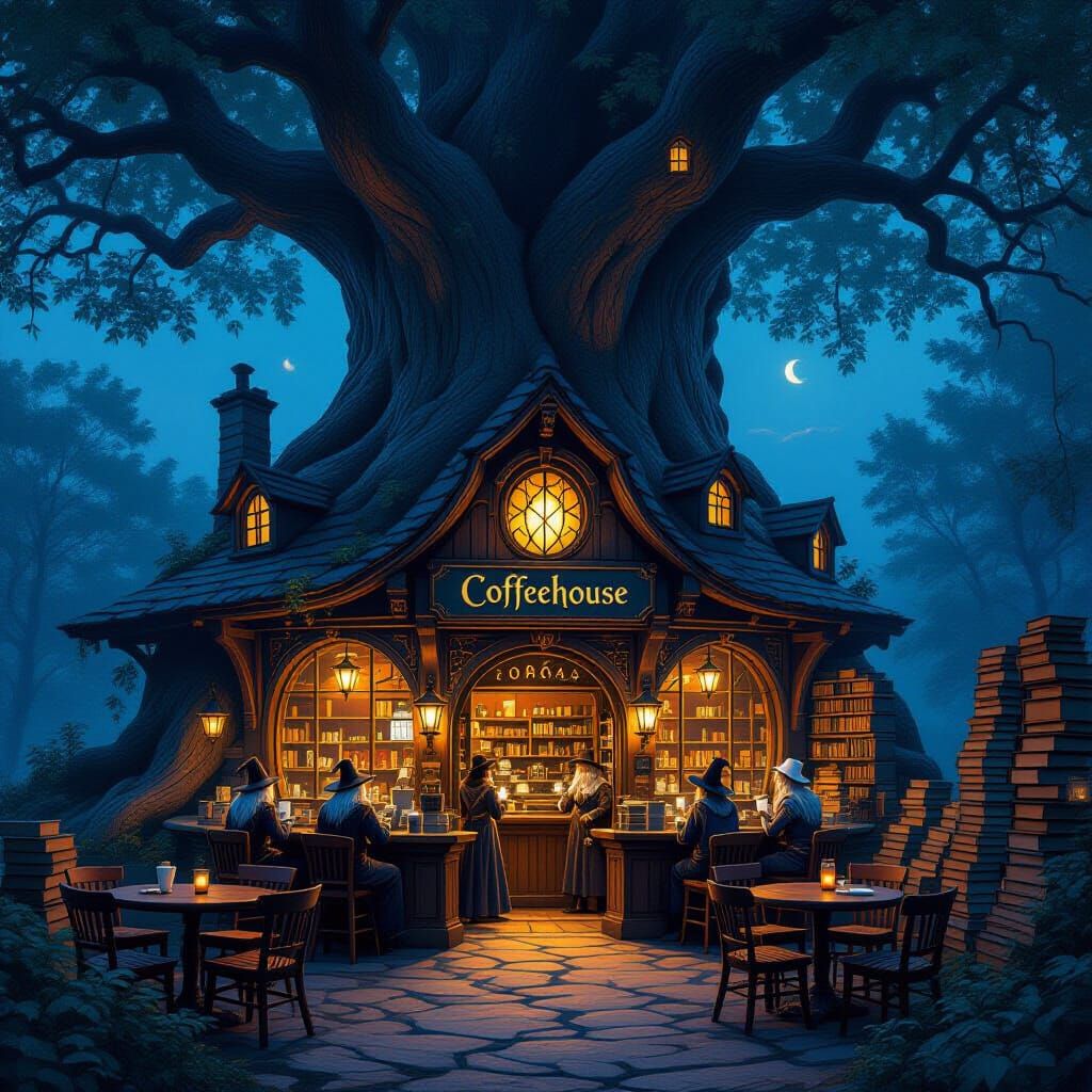 Magical Treehouse Cafe and Bookstore at Dusk