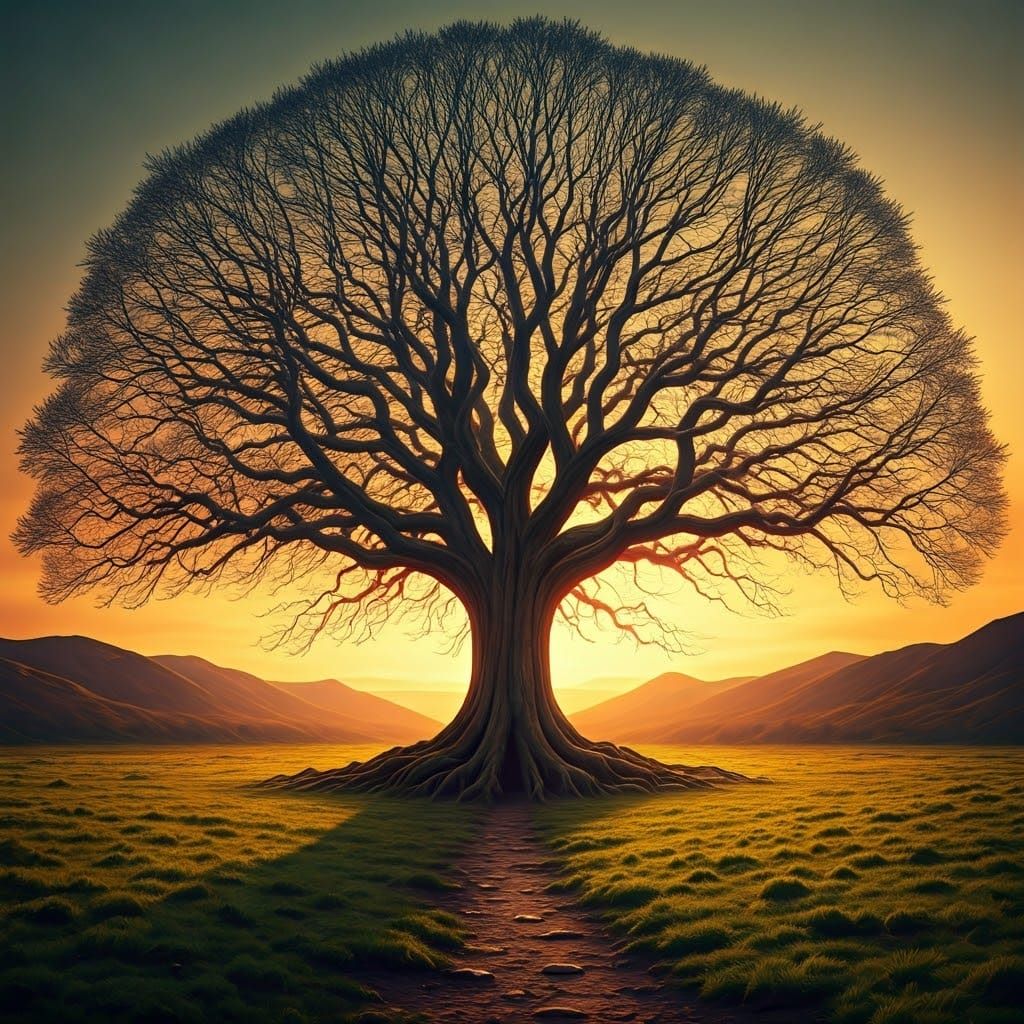 Ancient Tree at Sunset in Dreamlike Surrealism