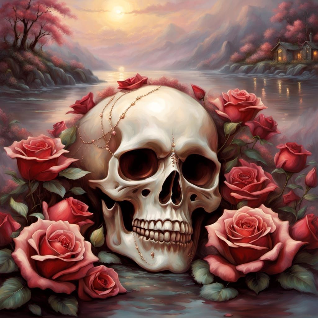 Surreal Skull Adorned with Vibrant Red Roses in a Golden, Fo...