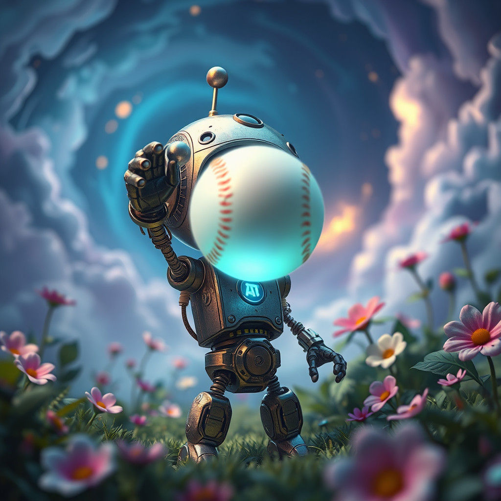 Robot Baseball Player in Dreamlike Sci-Fi Landscape