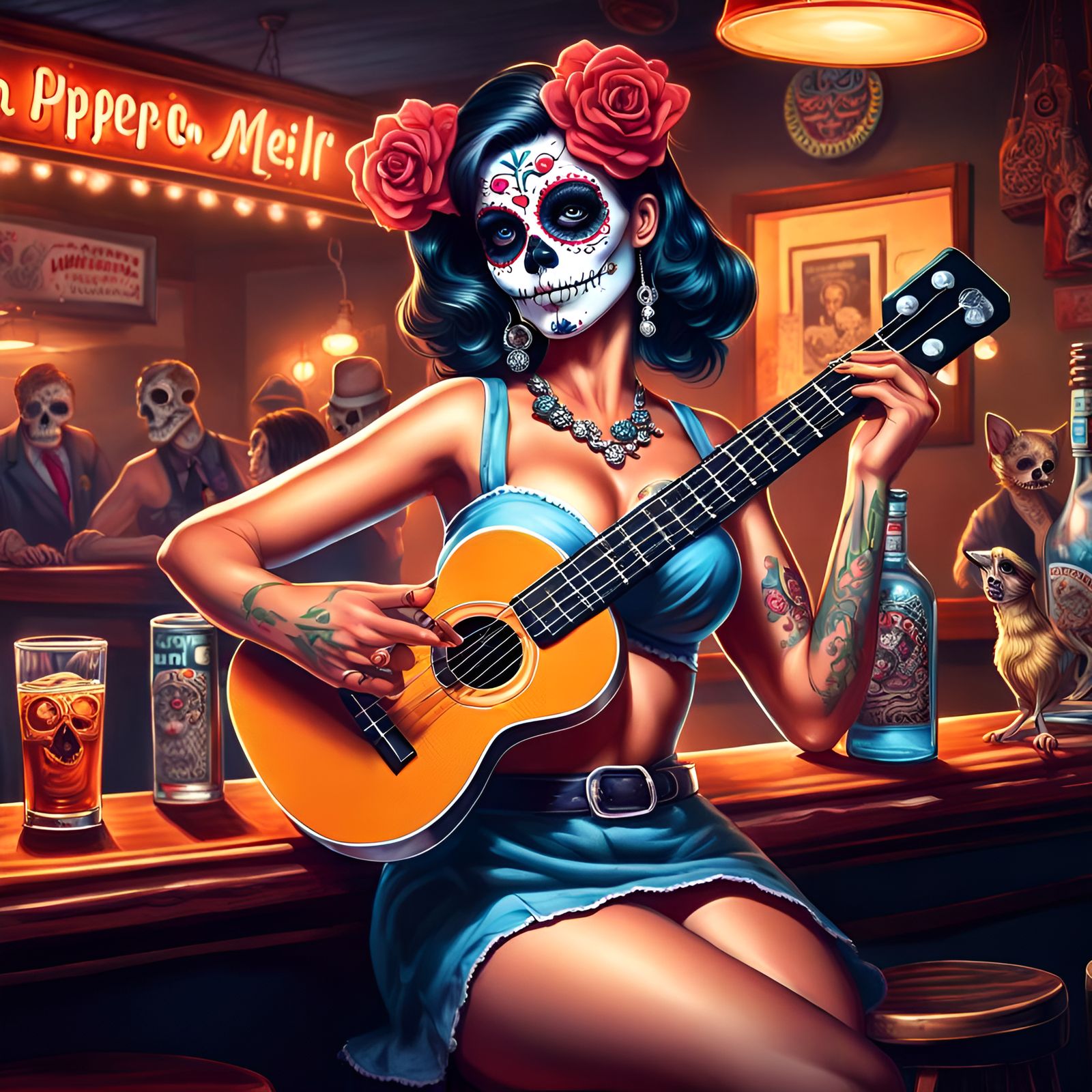 Day of the Dead Pin-Up With Ukulele in HDR