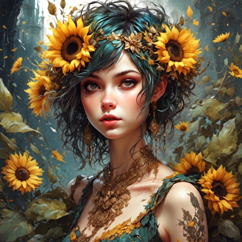 Sunflower Pixie Girl with Intricate Details