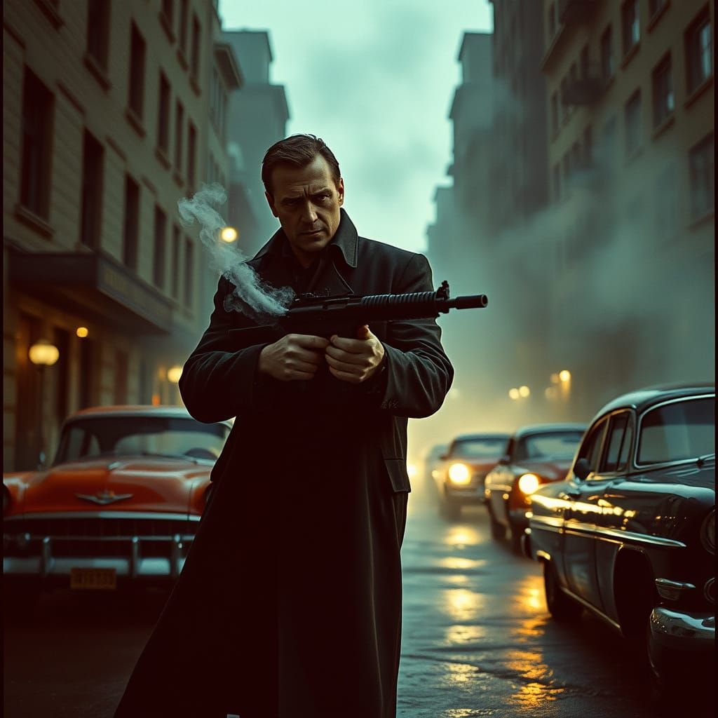 Gritty Mafia War Scene in Muted Blues and Greys