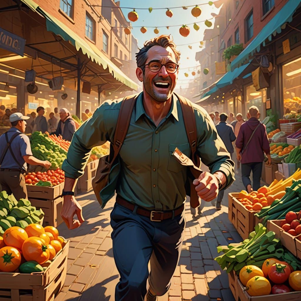 Man Running Through Vibrant Market in Pixar Style