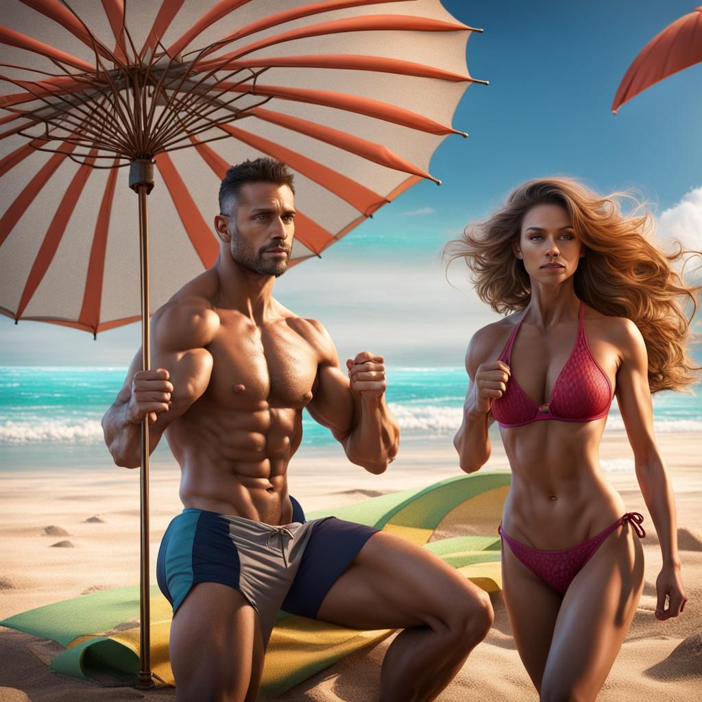 Beach Scene: Fantasy Art of Fitness Couple