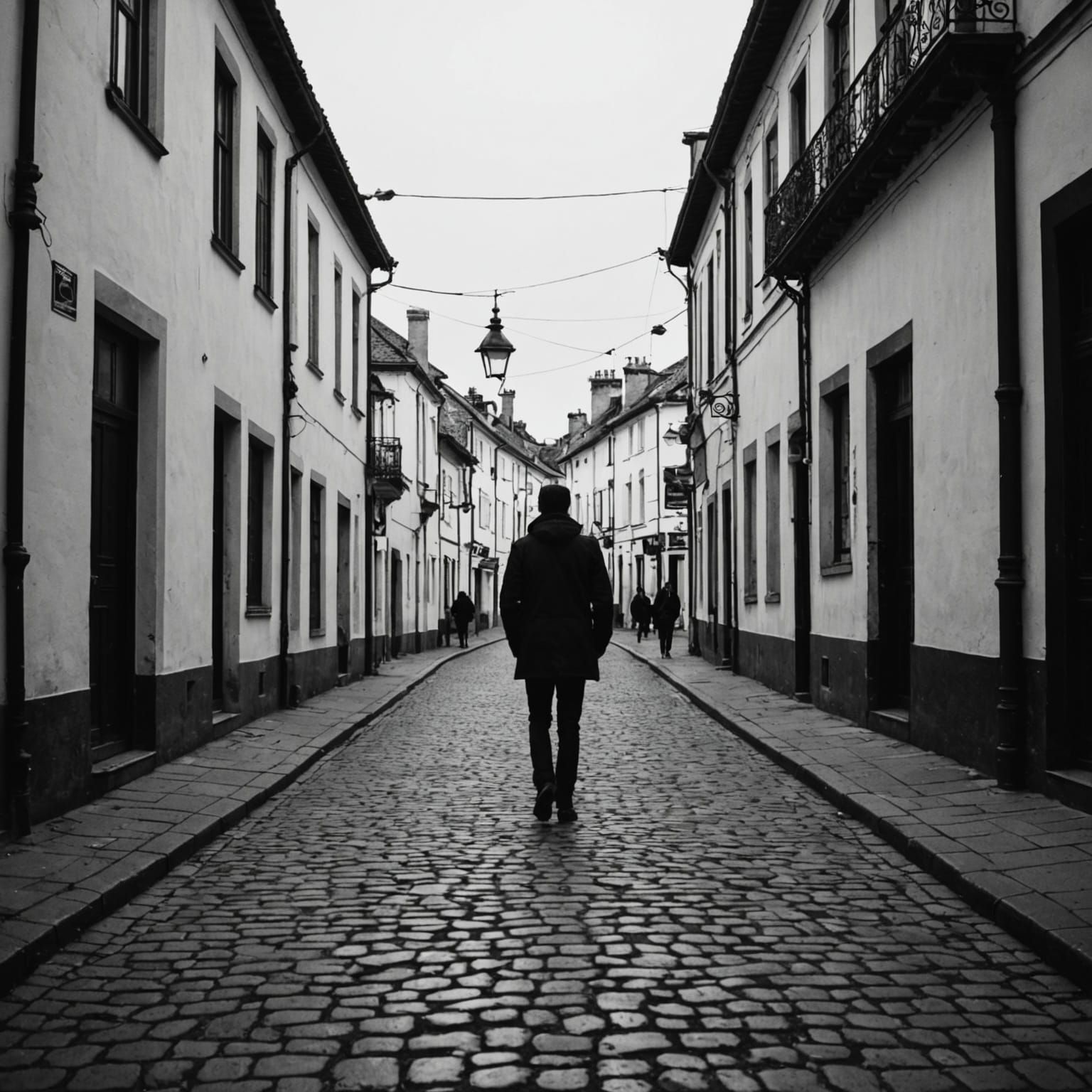 Black and White Photo of a Solitary Figure in a Town Square