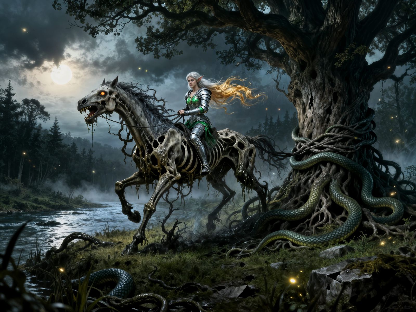 Elven Princess Battles Nuckelavee Beneath Ancient Oak