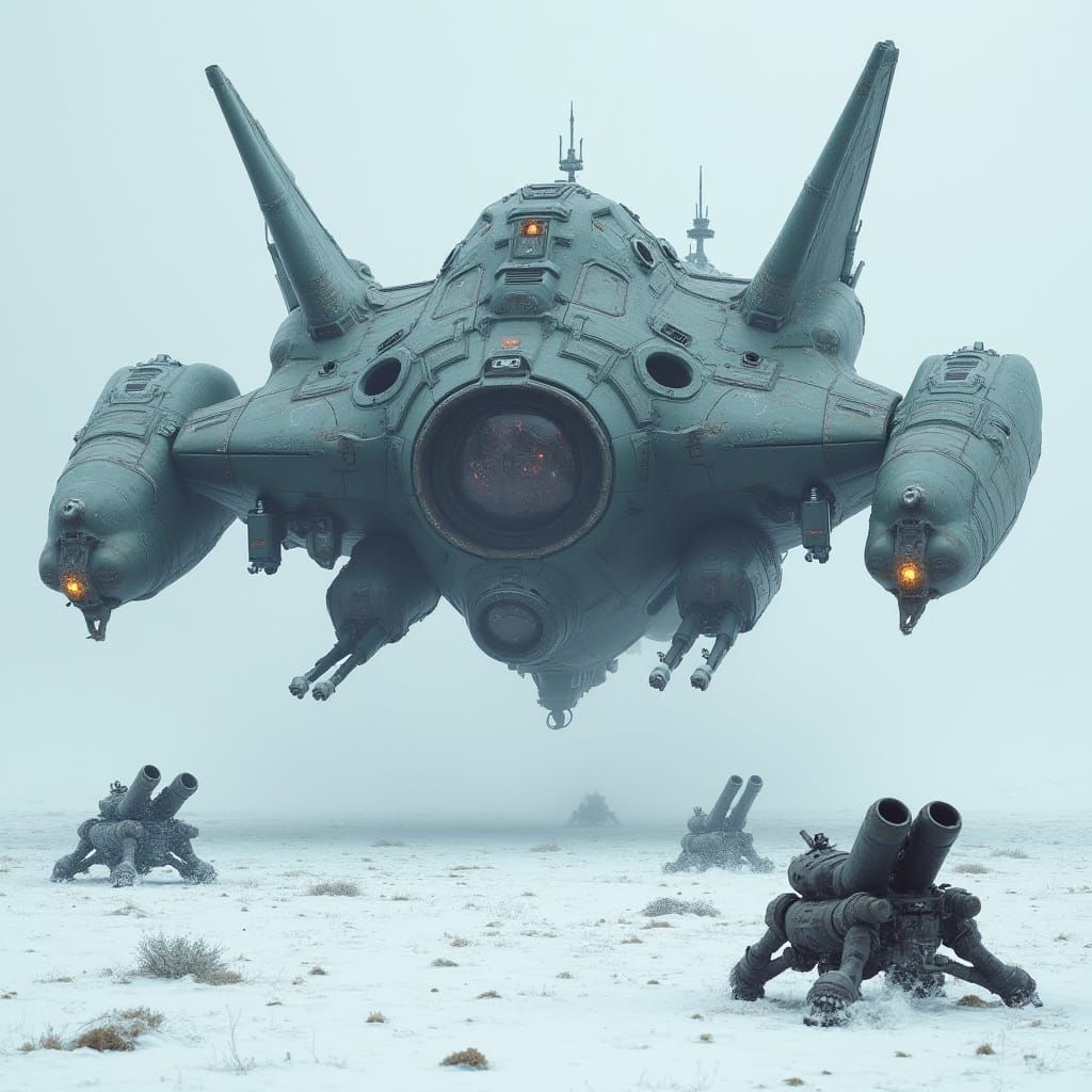 Dystopian Spaceship Over Snow World: Hyperrealistic Sci-Fi A...