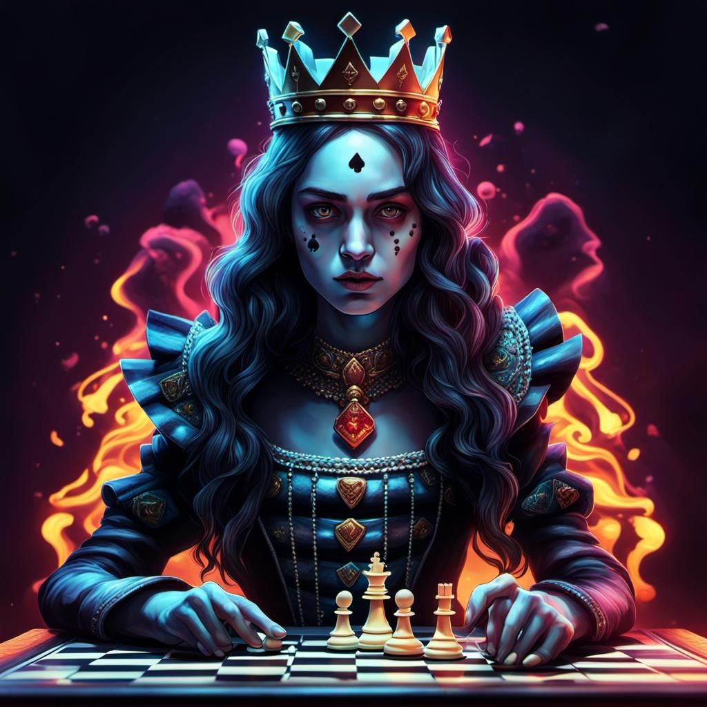 Queen of Spades Chess Game in Hyperrealistic Splash Art