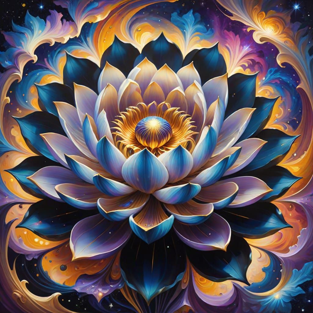 Surrealist Cosmic Lotus in Iridescent Oil Painting