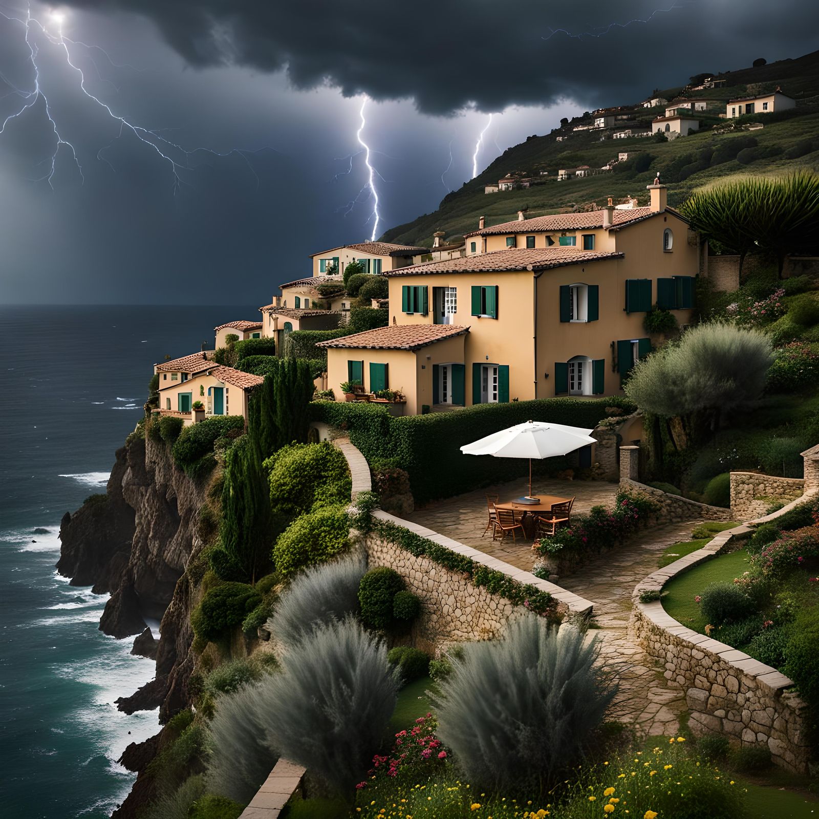 Italian Cottage Overlooking Stormy Ocean at Night