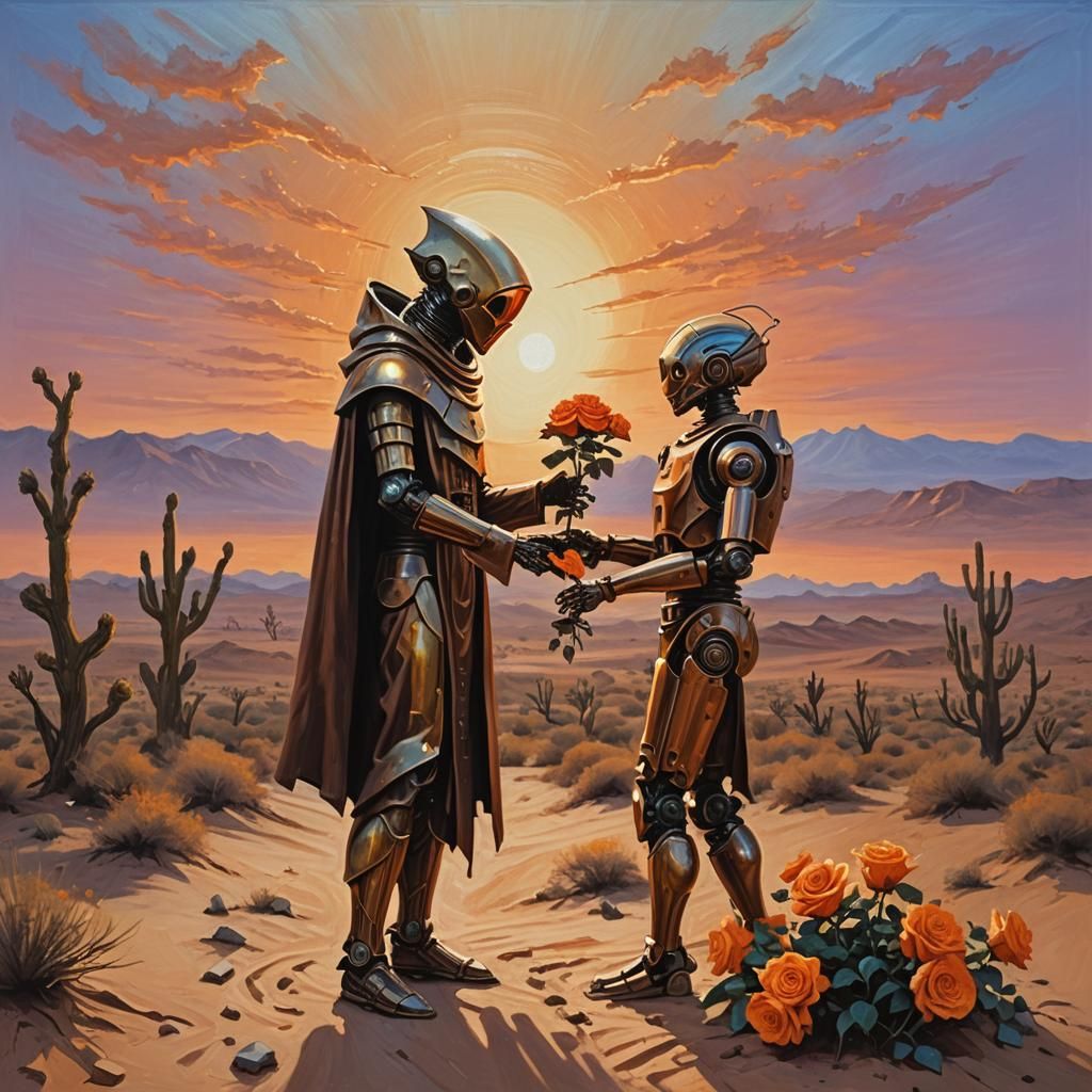 Alien Priest Offers Roses to Robot: Oil Painting