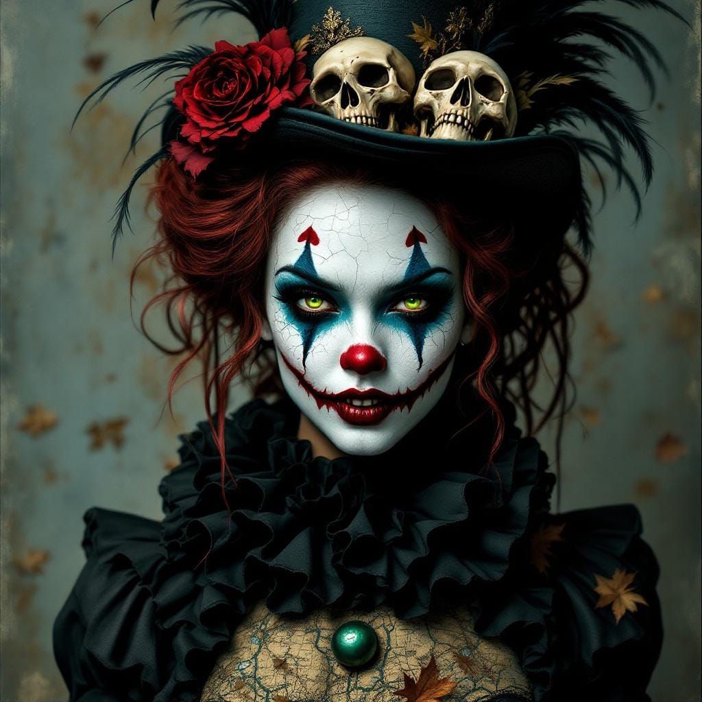 Sinister Clown with Cracked Face Paint and Skull Top Hat