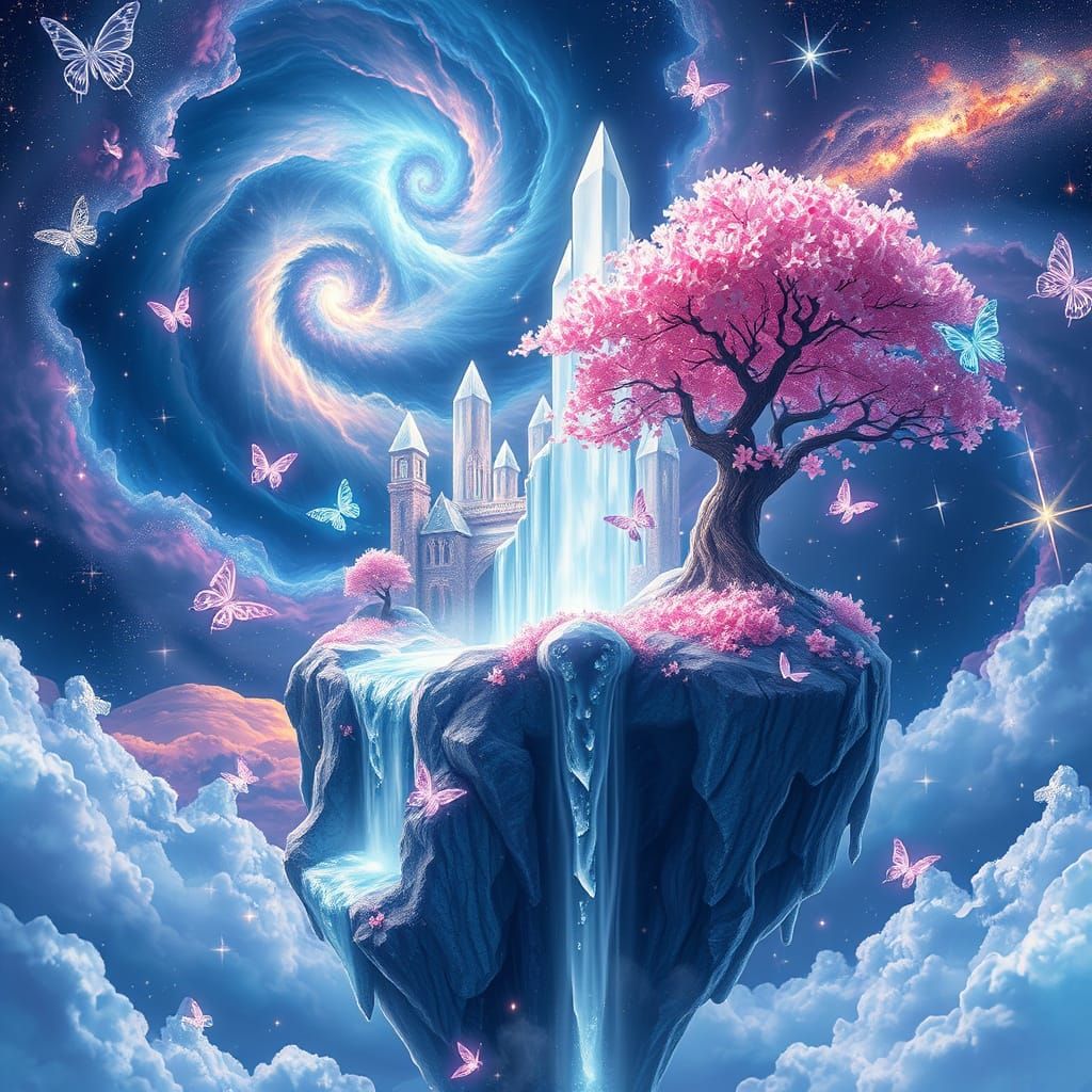 Crystal Kingdom Floating in Space with Waterfall
