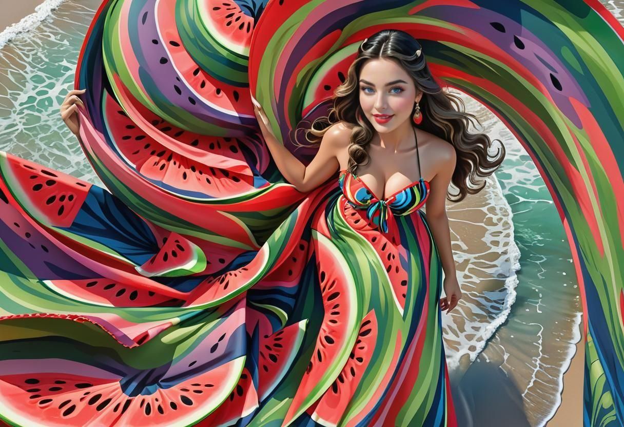 Watermelon Dress on Tropical Beach, Photorealistic