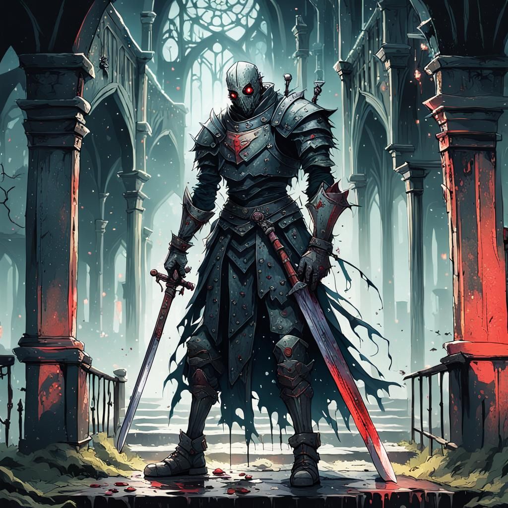 Gothic Horror: Living Armor Polishing Bloody Sword