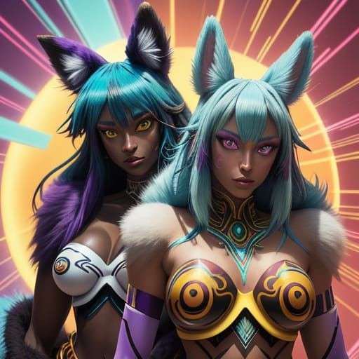 Surreal Digital Art of Anthropomorphic Foxes in Vibrant Trib...