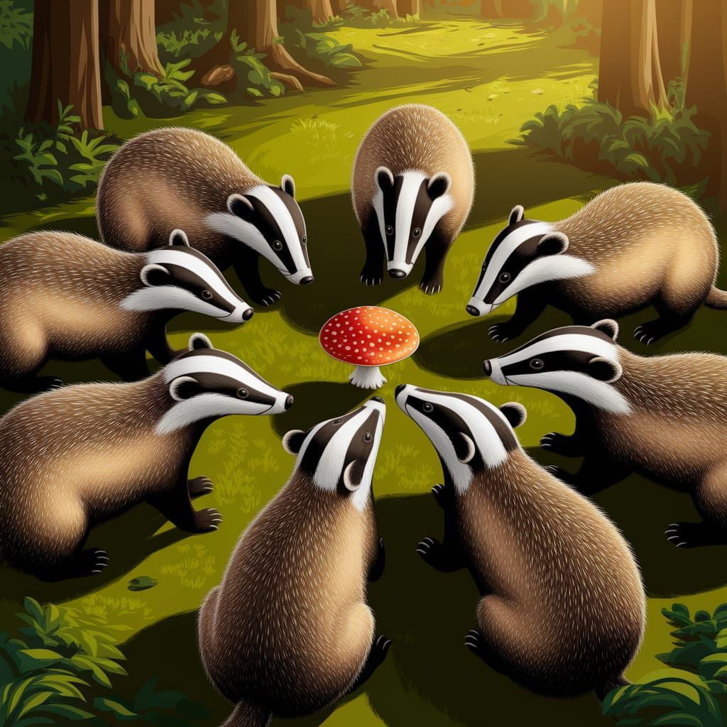Badgers Gather Around a Vibrant Mushroom in a Sunlit Forest ...