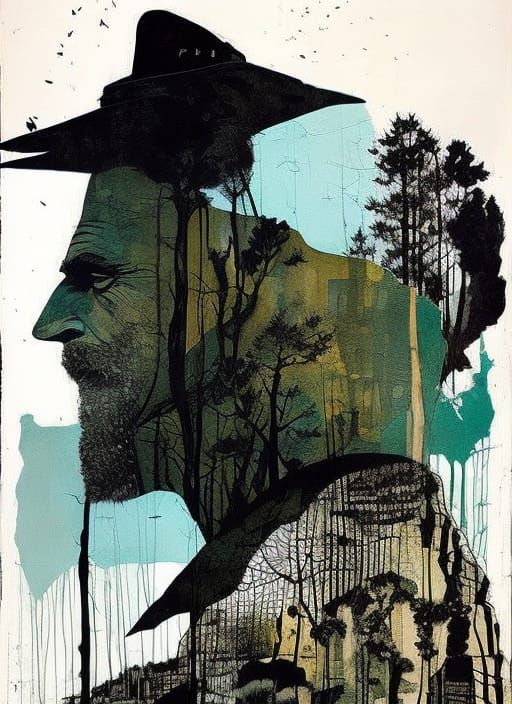 Dramatic Double Exposure Portrait in Oil Paint Style