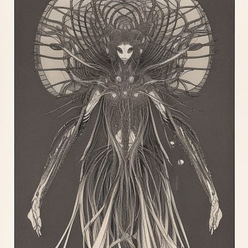 Alien Hive Queen: Technical Drawing in Dark Style
