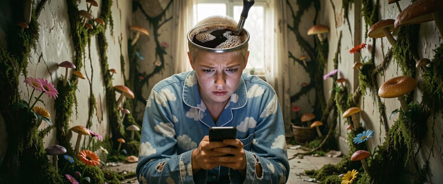 Woman's Head Replaced by Coffee Machine, Staring at Phone