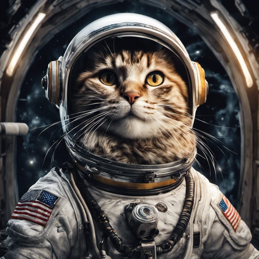 austronaut cat floating in dark space
