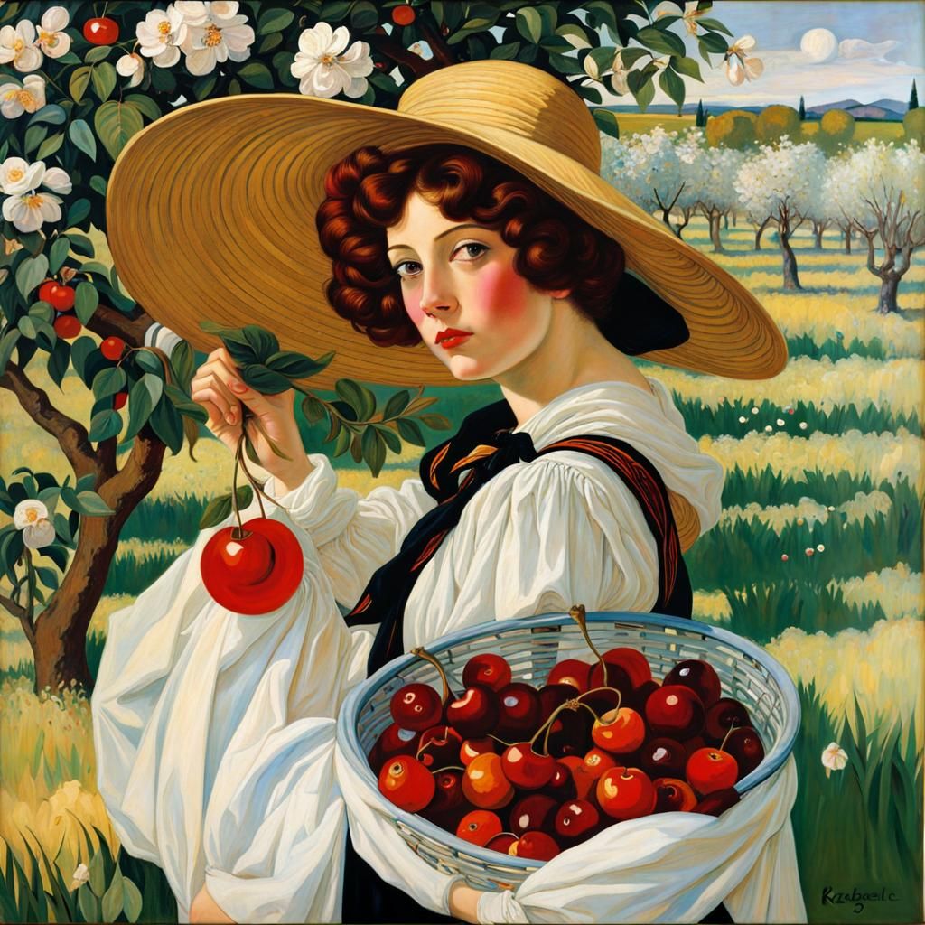 Girl in Cherry Orchard, Classical Digital Painting