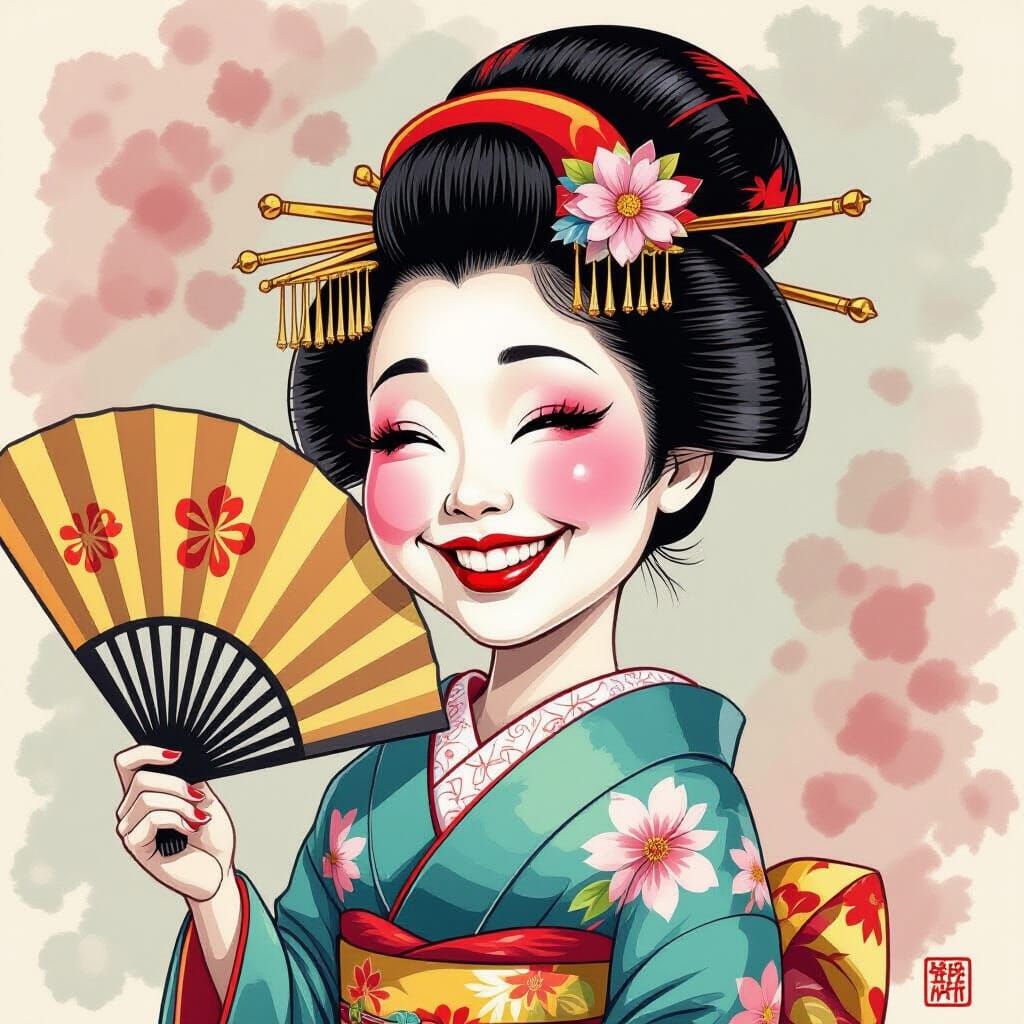 Humorous Geisha Caricature with Large Fan