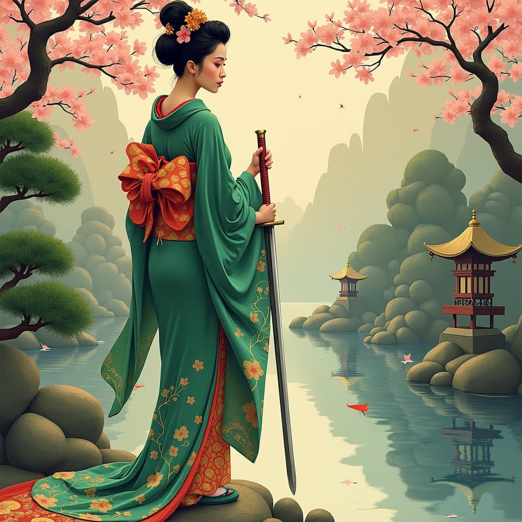 Geisha with Samurai Sword in Japanese Garden