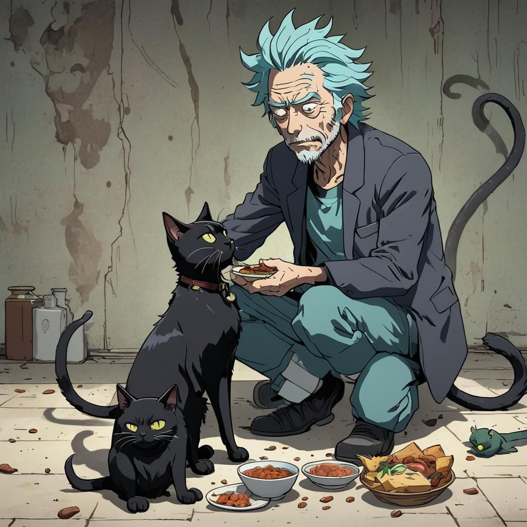 Rick Sanchez Feeds a Black Cat in Anime Style