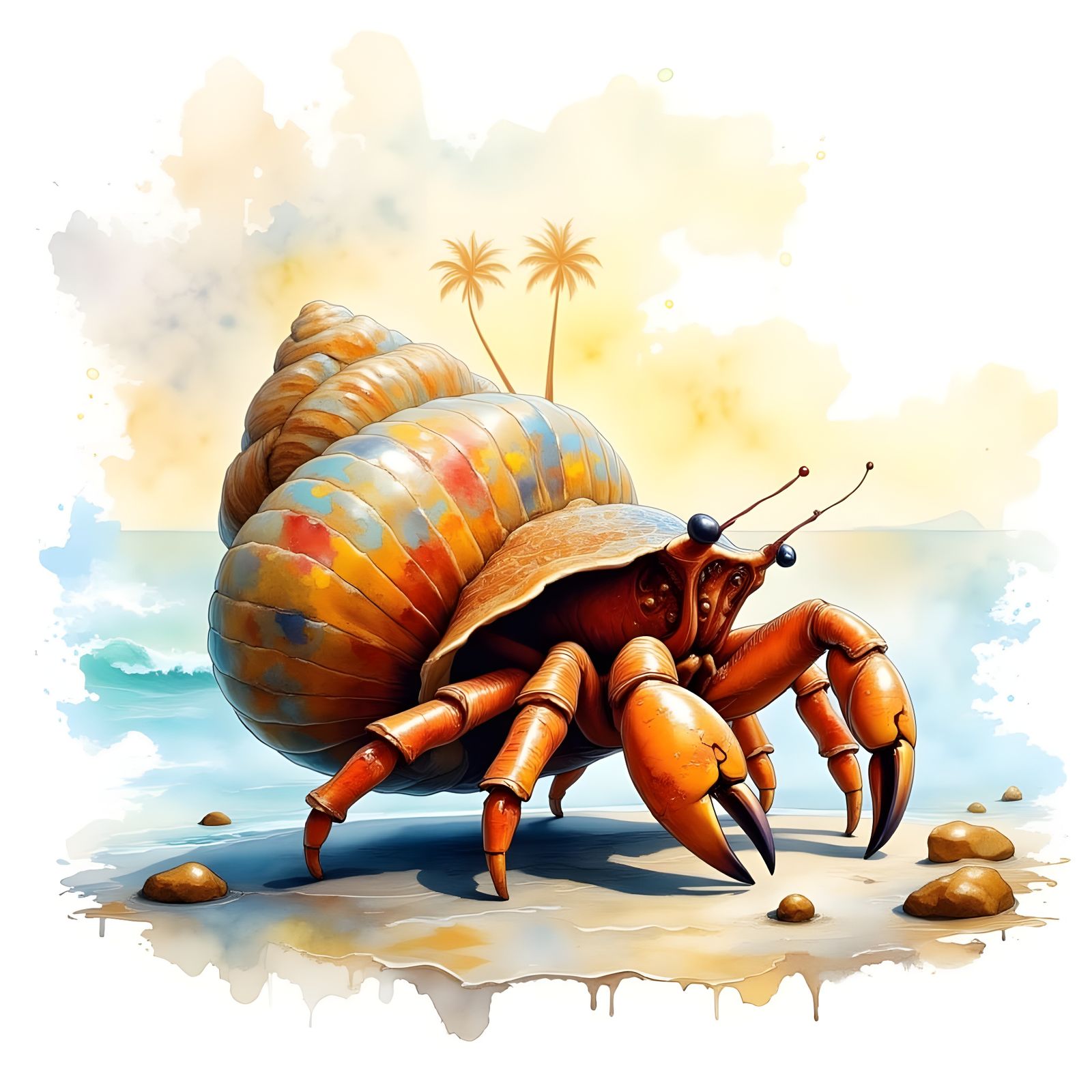 Adorable Hermit Crab in Digital Watercolor Style