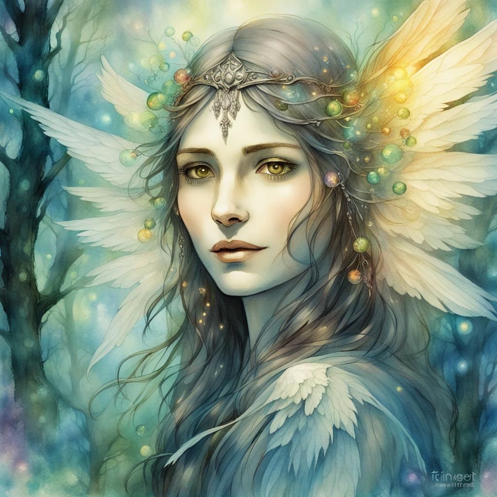 Mystical Woman with Ethereal Wings in Enchanted Forest