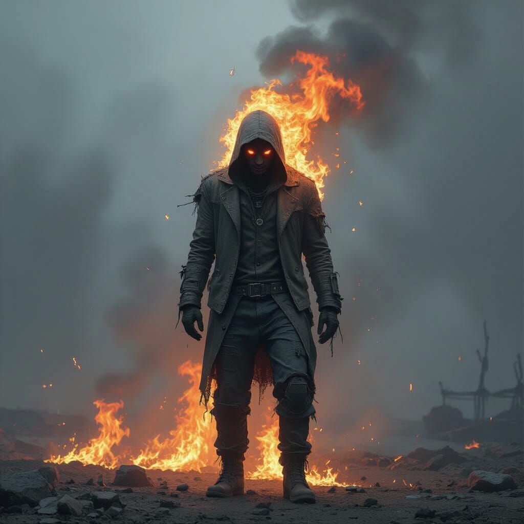 Figure Engulfed in Flames in Dark Sci-Fi Style